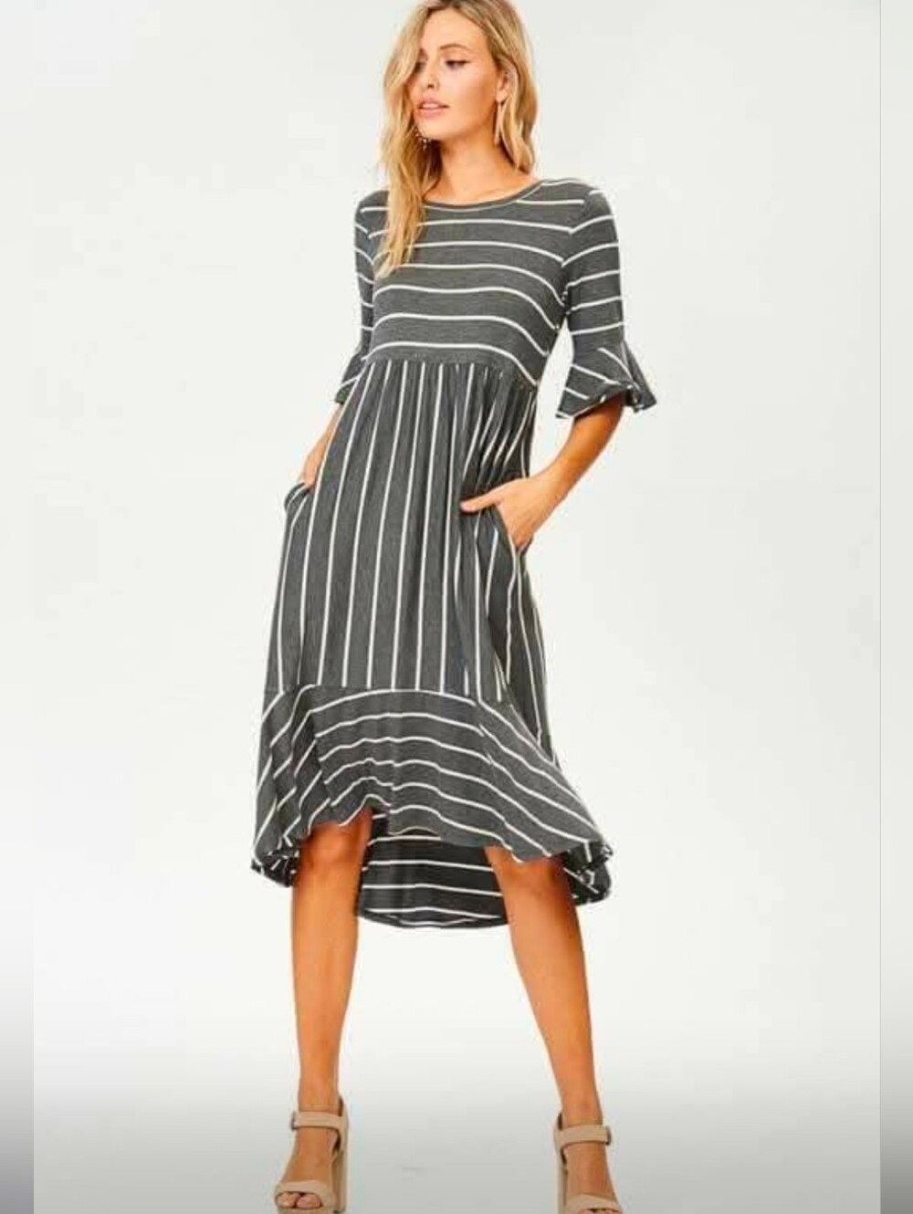 Hailey & Co Dark Gray and White Striped Midi Dress with Pockets